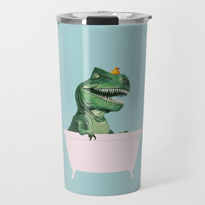 Playful T-Rex in Bathtub in Green Travel Mug