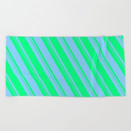 [ Thumbnail: Light Sky Blue and Green Colored Pattern of Stripes Beach Towel ]