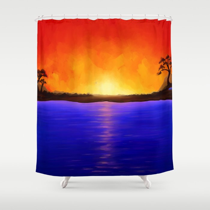 "Between Fire & Water". Surreal Sunset Landscape Painting. Lake, Sea, Ocean, Beach, Abstract Picture Shower Curtain
