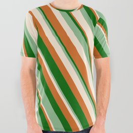 [ Thumbnail: Chocolate, Dark Green, Dark Sea Green & Beige Colored Lines Pattern All Over Graphic Tee ]