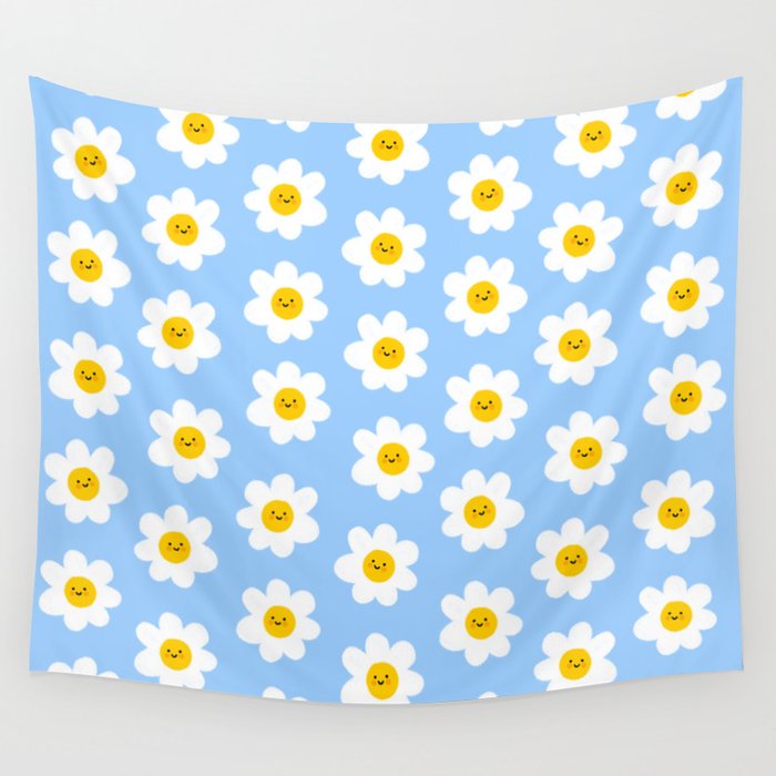 Happy Flowers - Blue Wall Tapestry