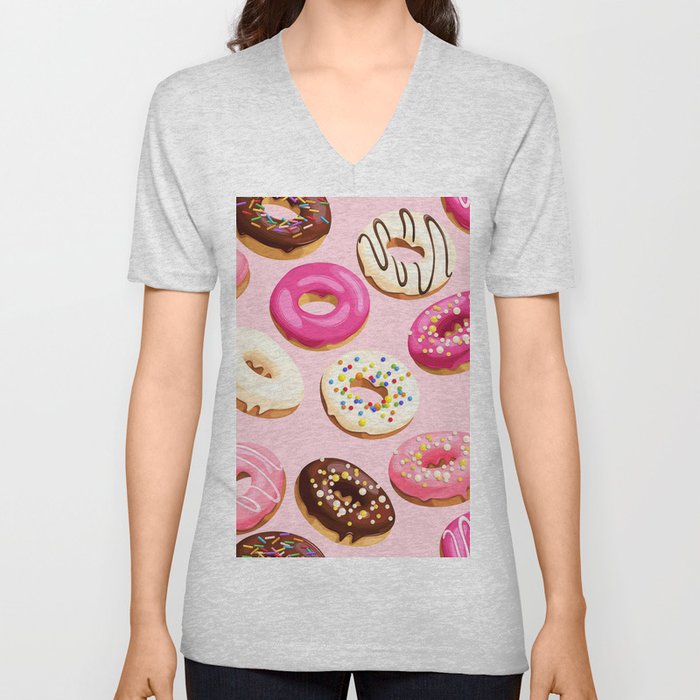 Doughnuts Confectionery Pink Chocolate V Neck T Shirt