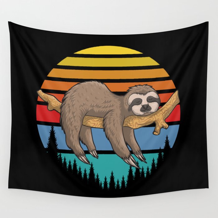 Lazy Sloth Retro Sunset Illustration Cute Funny Wall Tapestry