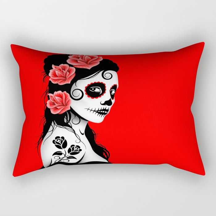 Red Day Of The Dead Sugar Skull Girl Rectangular Pillow By