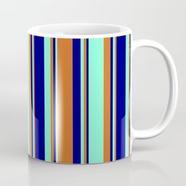 [ Thumbnail: Chocolate, Aquamarine & Blue Colored Stripes Pattern Coffee Mug ]