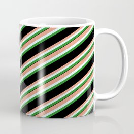 [ Thumbnail: Dark Salmon, Light Cyan, Forest Green & Black Colored Striped Pattern Coffee Mug ]