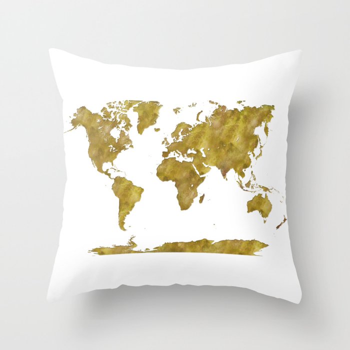 world map in watercolor gold color Throw Pillow