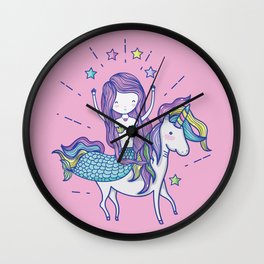 Mermaid Riding Unicorn Pink Wall Clock