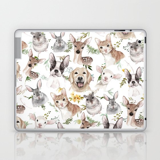 Watercolor black white brown forest animals green foliage floral  Laptop & iPad Skin