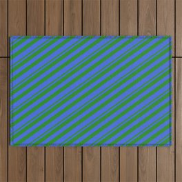 [ Thumbnail: Forest Green & Royal Blue Colored Lined Pattern Outdoor Rug ]