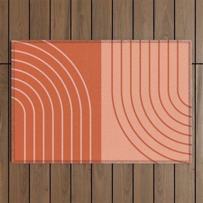 Abstract Geometric Rainbow Lines 4 in Brick Red Outdoor Rug