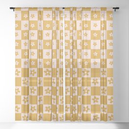 Abstract Floral Checker Pattern 18 in Retro Gold Pink Sheer Curtain