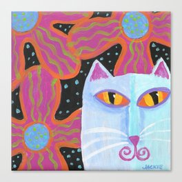 White Cat with Pink Flowers Abstract Acrylic Painting on Ceramic Tile Canvas Print