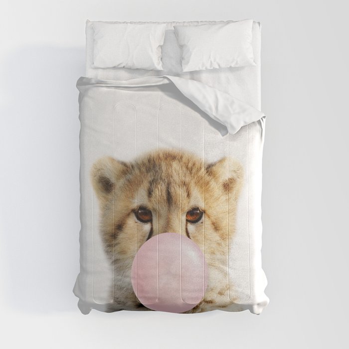 Baby Cheetah Blowing Bubble Gum, Pink Nursery, Baby Animals Art Print by Synplus Comforter