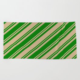 [ Thumbnail: Tan and Green Colored Lined Pattern Beach Towel ]