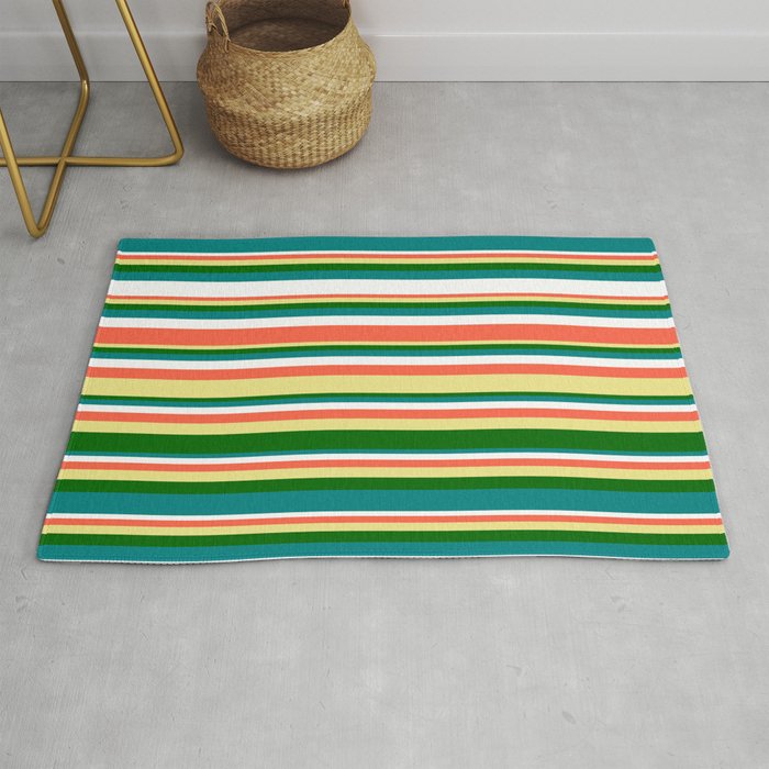 Eyecatching Red, Tan, Dark Green, Teal, and White Colored Stripes/Lines Pattern Rug