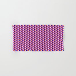 [ Thumbnail: Orchid, Blue, Bisque & Red Colored Lined Pattern Hand & Bath Towel ]