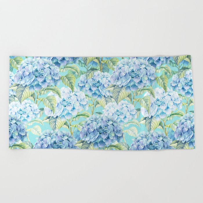 Blue floral hydrangea flower flowers Vintage watercolor pattern Beach Towel