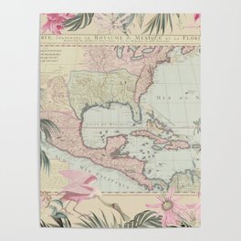 Tropical Caribbean Map Illustration With Pelican And Exotic Flowers Poster