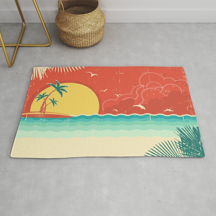 Vintage nature tropical seascape background with island and palms decoration on old paper poster texture.  Rug