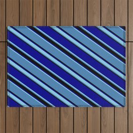 [ Thumbnail: Blue, Black, Dark Blue & Sky Blue Colored Pattern of Stripes Outdoor Rug ]
