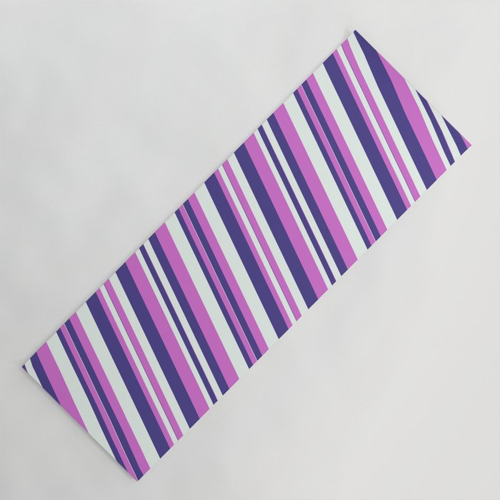 Dark Slate Blue, Orchid, and Mint Cream Colored Pattern of Stripes Yoga Mat