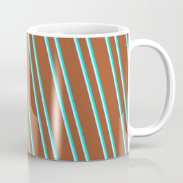 [ Thumbnail: Sienna, Cyan & Lavender Colored Lined Pattern Coffee Mug ]
