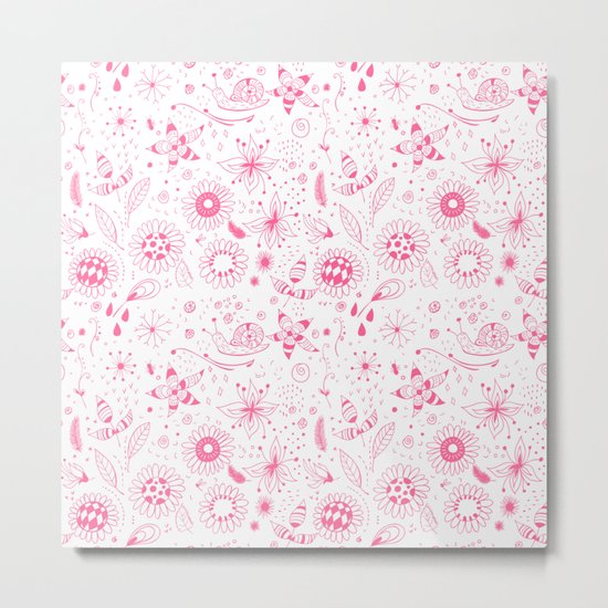 Pink doodle flowers pattern on white Metal Print