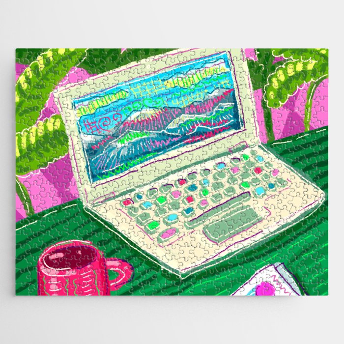 Colorful illustration with laptop and a cup of tea Jigsaw Puzzle