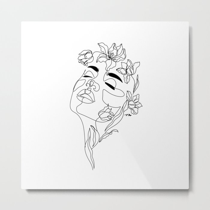 Minimal Woman Face line art. Head of Flowers Art Print Flower Woman Line Art Metal Print