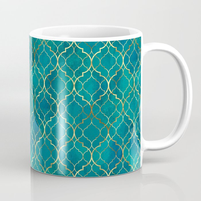 Geometric Traditional Vintage Royal Green Golden Andalusian Moroccan Zellige Style Coffee Mug