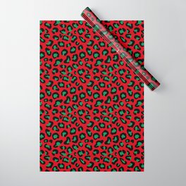 Christmas Leopard Print Black and Green on Red Wrapping Paper