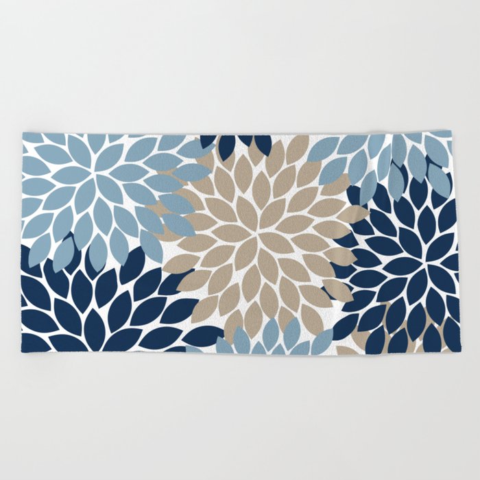 Navy Blue Tan Beige Flower Burst Flower Petals Floral Pattern Hand Bath Towel by Honey Design Studio Society6