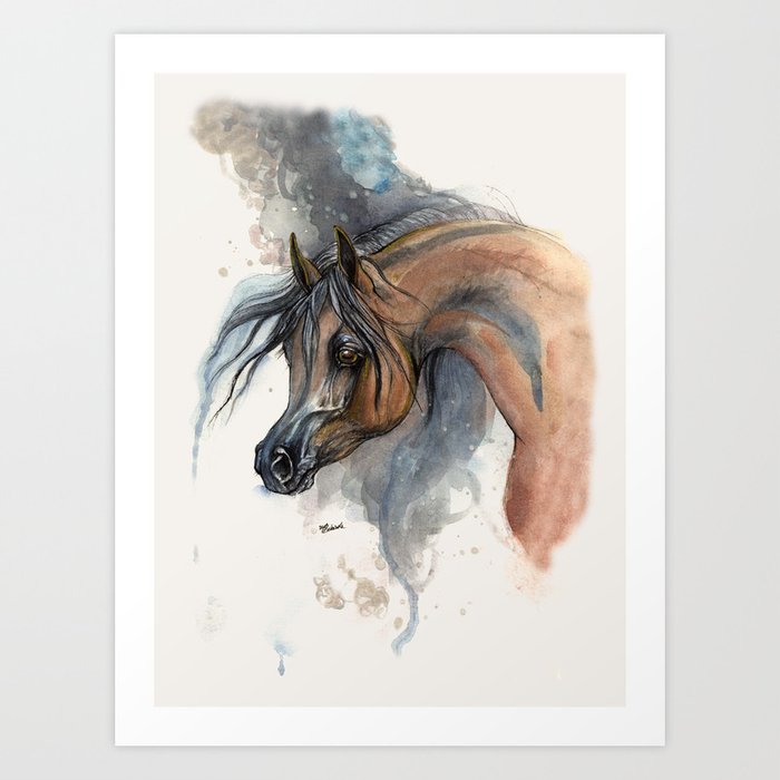Arabian horse portrait watercolor art Art Print
