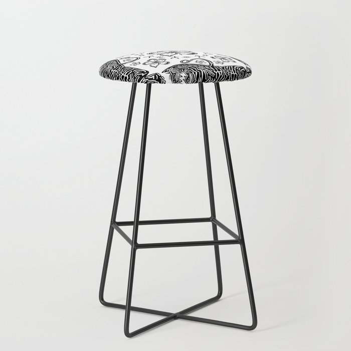 Hand Drawn Tiger & Lily Pattern - Black and White Bar Stool