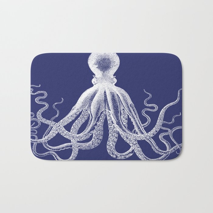 Octopus | Vintage Octopus | Tentacles | Navy Blue and White | Bath Mat
