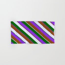 [ Thumbnail: Lavender, Dark Green, Purple, and Brown Colored Striped/Lined Pattern Hand & Bath Towel ]