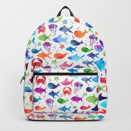 Rainbow Watercolor Under The Sea Marine Backpack | Fish, Graphicdesign, Watercolor, Ocean, Jellyfish, Watercolorfish, Crab, Pattern, Kids, Cute 