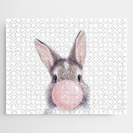 Bunny Rabbit Blowing Bubble Gum, Pink Nursery, Baby Animals Art Print by Synplus Jigsaw Puzzle