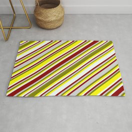 [ Thumbnail: Eyecatching Green, Yellow, Mint Cream, Dark Red, and Light Gray Colored Lined Pattern Rug ]