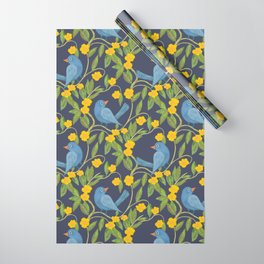 Blue birds on tree branches with yellow flowers seamless pattern Wrapping Paper