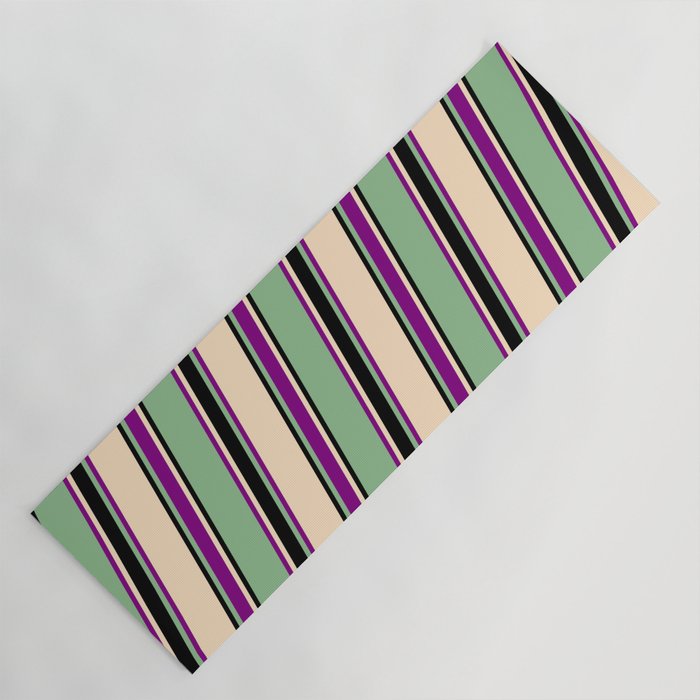 Dark Sea Green, Purple, Bisque, and Black Colored Lines Pattern Yoga Mat