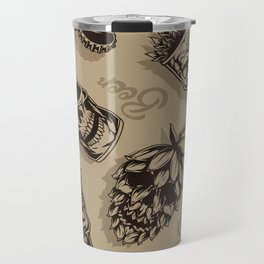 Beer vintage monochrome seamless pattern with mugs cups aluminum cans hop cones in skull shapes vintage illustration Travel Mug