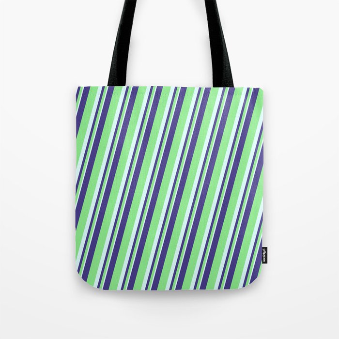 Dark Slate Blue, Light Green & Light Cyan Colored Lined Pattern Tote Bag