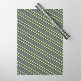 [ Thumbnail: Dim Grey, Beige & Dark Green Colored Striped/Lined Pattern Wrapping Paper ]