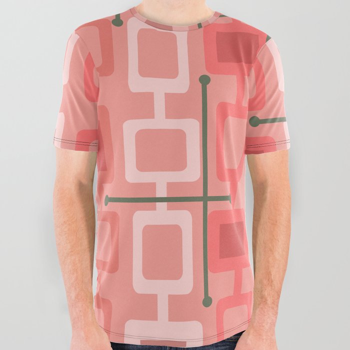 Retro 1950s Geometric Pattern Salmon Pink All Over Graphic Tee