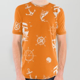 Orange And White Silhouettes Of Vintage Nautical Pattern All Over Graphic Tee