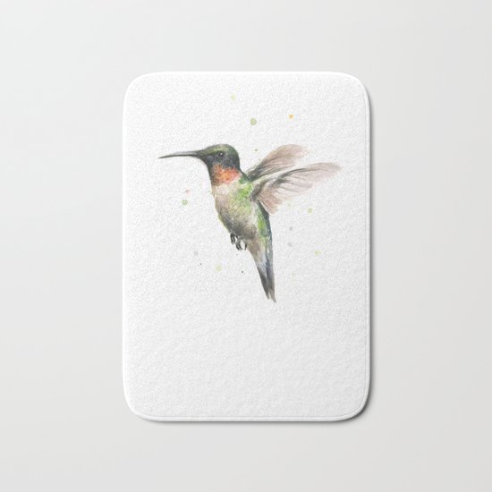 Hummingbird Watercolor Bird Animal Ruby Throated Bath Mat