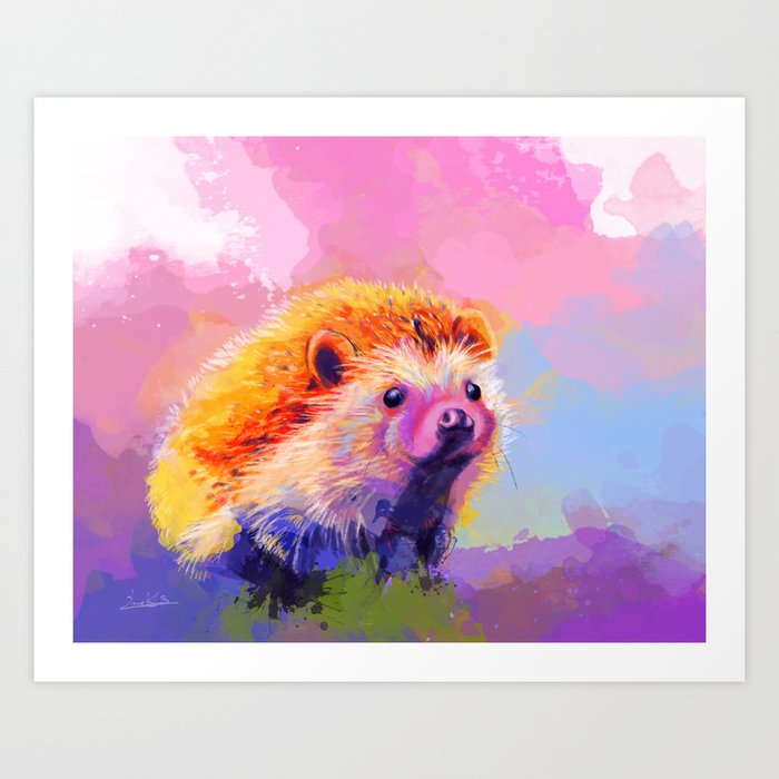 Sweet Hedgehog, cute pink and purple animal painting Art Print