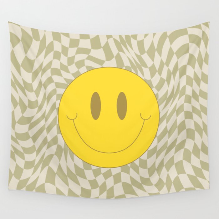 Olive green wavy checked with smiley Wall Tapestry